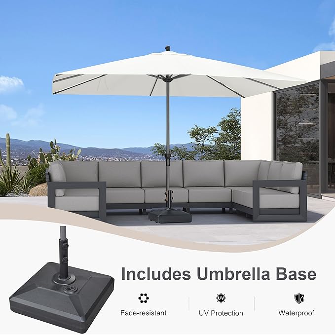 PURPLE LEAF 11.5' x 8' Rectangle Patio Market Umbrella with Base Outdoor Table Umbrellas Aluminum Frame Sun Shade with 8 Sturdy Ribs for Garden Deck Lawn Pool White