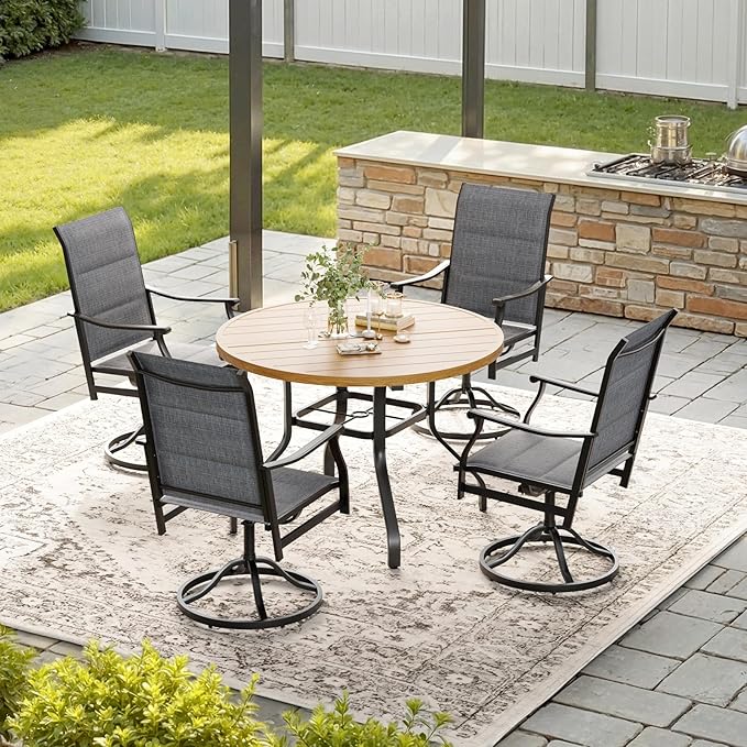 Soohow 5-Piece Outdoor Dining Set, Round Patio Dining Table and Chairs Set, 4 x Swivel Patio Chairs and 41" Round Outdoor Dining Table with 1.57" Umbrella Hole, Wood-Like, Poolside, Backyard, Deck