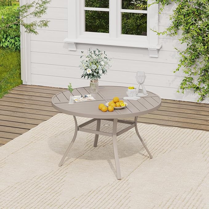 VICLLAX Outdoor Table and Chairs Set for 4, Patio Dining Set of 40.6" Metal Round Patio Table with Umbrella Hole & 4 Swivel Outdoor Dining Chairs for Backyard Lawn, Sandshell