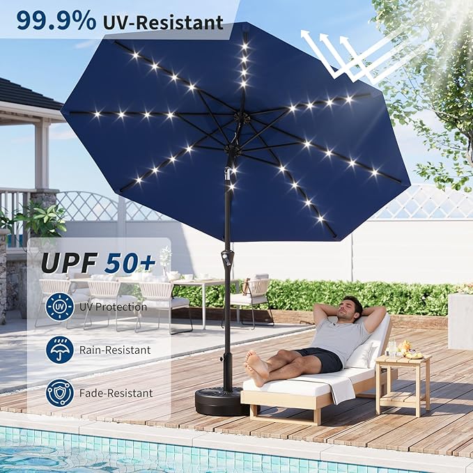 Garvee 9FT Solar Patio Umbrella with 32 LED Lights - Outdoor Table Umbrella with Crank Lift, Push Button Tilt and 8 Sturdy Ribs - Market Umbrella UV Protection for Pool, Deck, Yard, Garden -Navy Blue