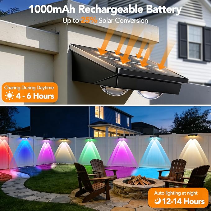 Solar Fence Lights Outdoor 2Pack, Warm White & 6 Color Change and Glass Panel, Waterproof High Brightness Solar LED Deck Lighting for Outside Stairs, Porch Step, Railing, Backyard, Pool