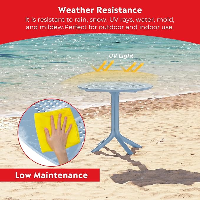 Costaelm Small Patio Table, Outdoor Round Dining Table, Weather Resistant Outside Table for Poolside Deck Lawn Garden Backyard, French Blue