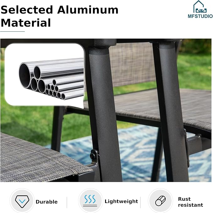 MFSTUDIO 7 PCS Patio Dining Set with 1 American Design Metal Table (64" x 39") and 6 Aluminum Textilene Fabric Chairs (Stackable)