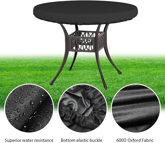 Waterproof Patio Table Cover 600D for 46" - 48" in Diameter Round Patio UV Resistant Elastic Hem Outdoor Garden Round Table Top Cover Black Patio Table Cover Black