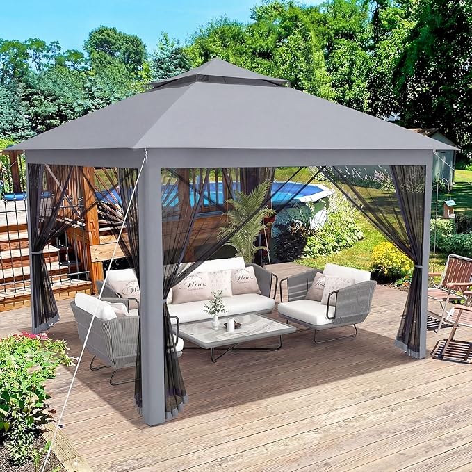 Tangkula 11x11 Ft Pop up Gazebo, 2-Tier Outdoor Patio Gazebo with Netting, Carry Bag, 121 Square Feet of Shade for Backyard, Deck, Poolside