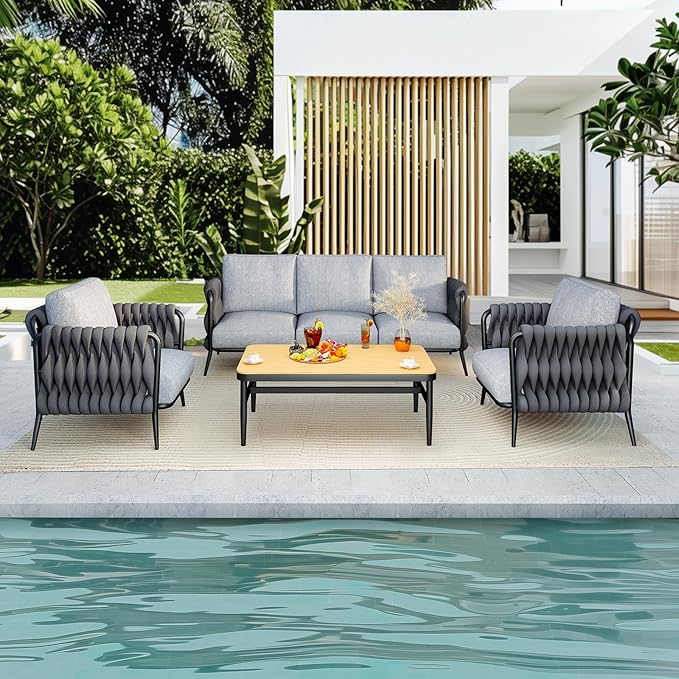 Patio Furniture Set, 5-Seat Outdoor Sofa Furniture Deep Seating with Coffee Table, Metal Patio Conversation Sets with Waterproof & Extra-Thick Cushions for Garden, Poolside, Backyard