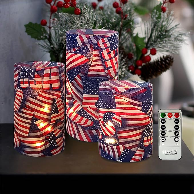 Printed Flameless Candles with String Lights - Set of 3 USA Flag Battery Operated Candle Flickering Floral LED Pillar Candles with Timer Remote for Home Decor Romantic Ambiance,Flag