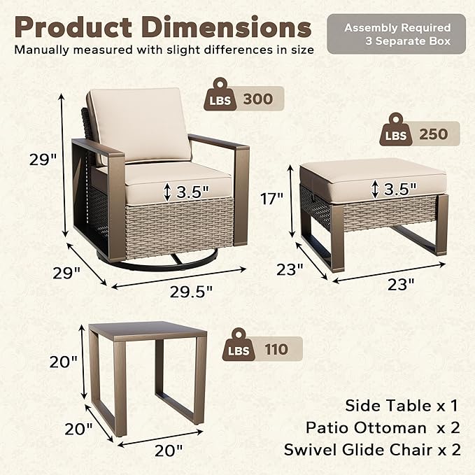 5 Pieces Metal Wicker Patio Furniture Set - 2 Swivel Rocker Chairs and 2 Ottomans, 1 Side Table, All Weather Rattan Outdoor Conversation Furniture with Washable Cushion for Deck Porch, Beige