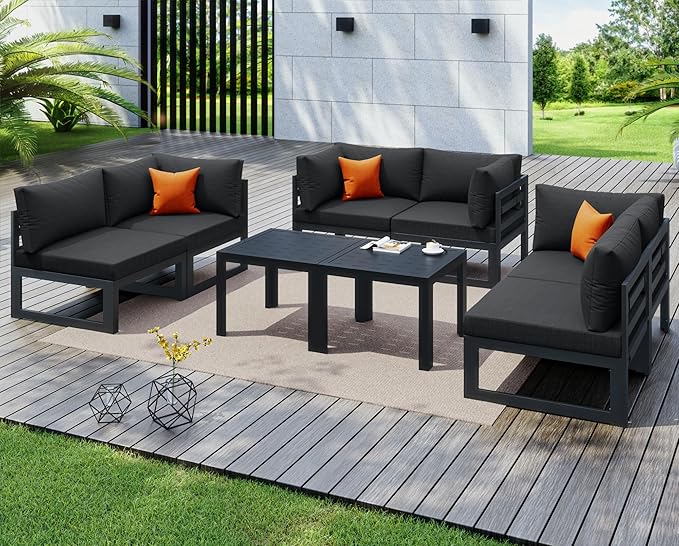 NICESOUL Extra Large Modern Aluminum Outdoor Sofa, 29" Deep Wide Seating, 500 lbs Durable Sectional Set for Heavy People, Rust & Water Resistant Comfy Patio Furniture Set for Backyard Deck, Dark Gray