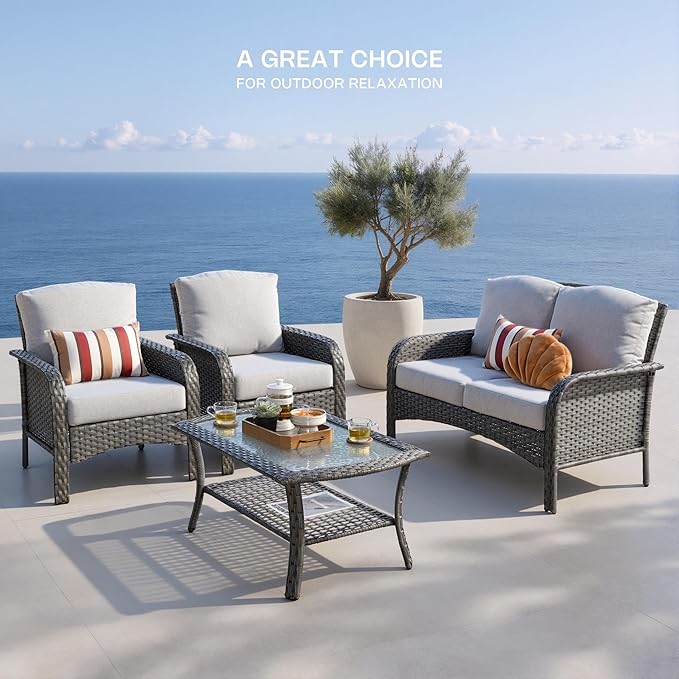 4-Piece Patio Furniture Set, Outdoor Wicker Furniture with Coffee Table, All Weather High Back Loveseat Patio Chairs, Modern Rattan Outdoor Chairs Conversation Set for Porch, Balcony, Garden,Grey