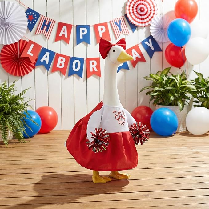 Cheerleader Porch Goose Outfits, Red Goose Outfit with Pom Poms & Bow for 23 Inch Goose Statue, Festive Goose Costume for Garden Porch Yard Lawn Patio Decor