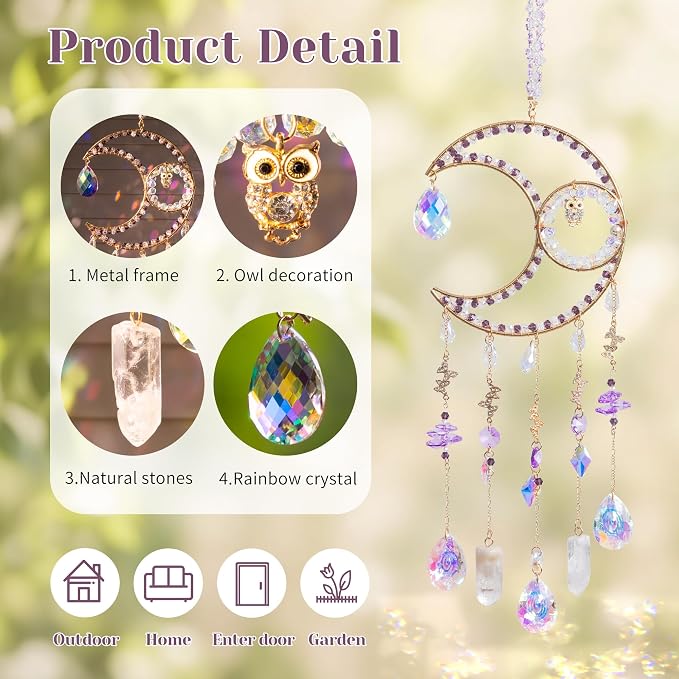 Crystal Suncatcher Moon Decor with Natural Stones Window Hanging-Purple | Handmade crystal decoration with natural stones, creates rainbow reflections for windows, bedrooms and home decor.