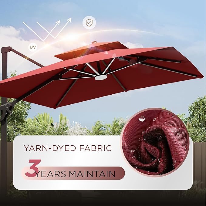 10' X 13' Patio Umbrella with Weighted Base and LED Lights Outdoor Cantilever Large Rectangle Offset Umbrellas Heavy Duty Aluminum Double Top with 360-degree Rotation for Pool Garden Deck, Red