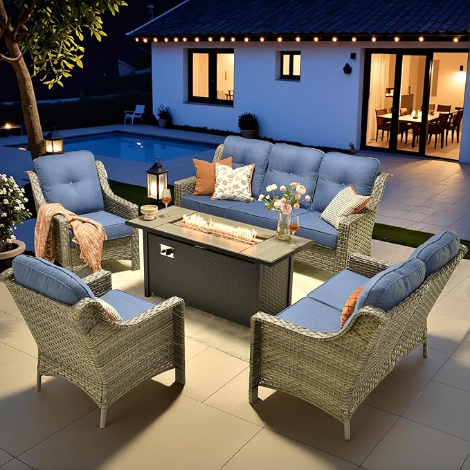 HOOOWOOO Patio Furniture Set,5 Pieces Wicker Outdoor Furniture,High Back Conversation Set with All Weather Resistant Fire Pit Table Couch Loveseat Chairs,Blue