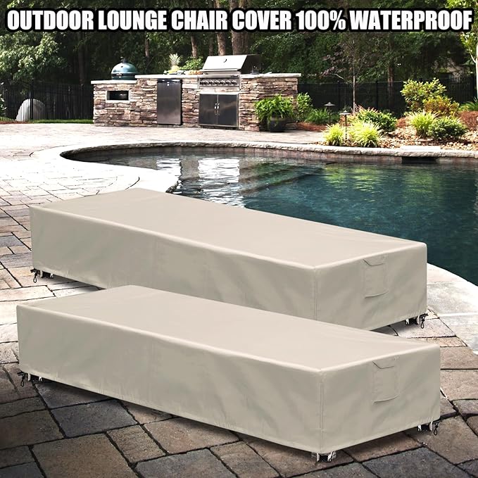 Outdoor Chaise Lounge Cover 2 Pack Patio Lounge Chair Covers Waterproof 600D Weather Resistant Material, UV Protection, Windproof Design Outside Furniture Covers 80" x 28" x 14" H,Beige