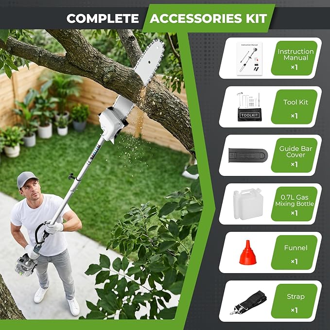 36CC Gas Powered Pole Saw, 2 Stroke Powerful Gas Pole Saw with 10" Guide Bar, 6 to 8.7FT Extendable Long Reach Saw Chainsaw with Safety Lock & Shoulder Strap for Tree Trimming Pruning