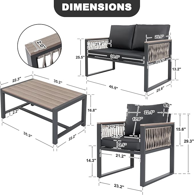 NUU GARDEN 4 Pieces Outdoor Patio Furniture Set, 4 Seats Outdoor Sectional with Coffee Table, Wicker Patio Conversation Sets with Armrests and Cushions Patio Set for Backyard, Garden and Poolside