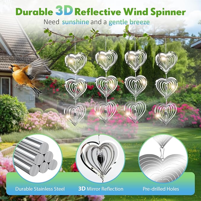 Bird Deterrents for Outside, 12 Discs Stainless Steel 3D Wind Spinners Garden Decor, 4 Sets Reflective Bird Scare Devices to Keep Woodpeckers, Pigeons Away from Patio, Balcony, Porch, Deck