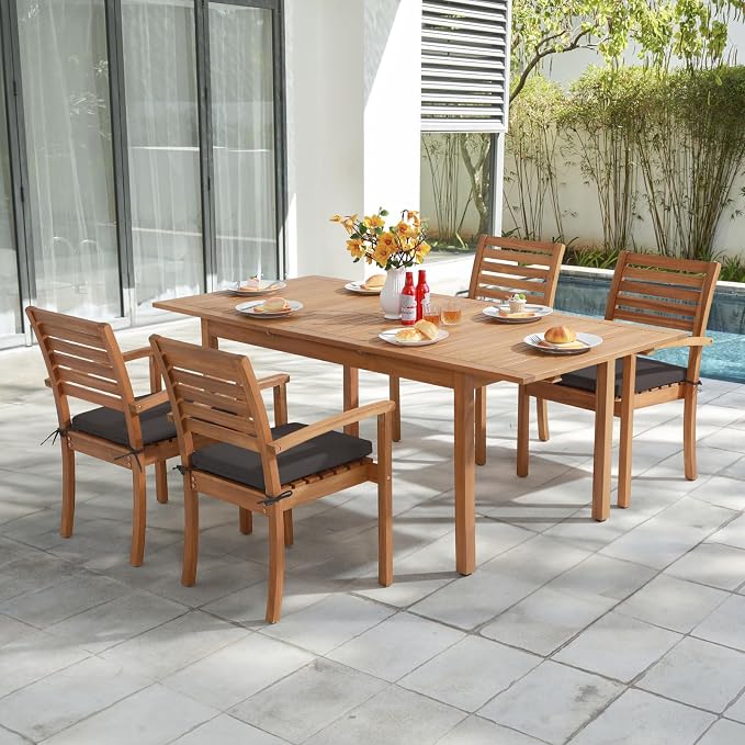 OC Orange-Casual 5 Piece Patio Dining Set, Outdoor Acacia Wood Furniture Set, Extendable Rectangular Solid Table and 4 Stackable Chairs for Lawn Backyard and Deck, Dark Grey Cushion