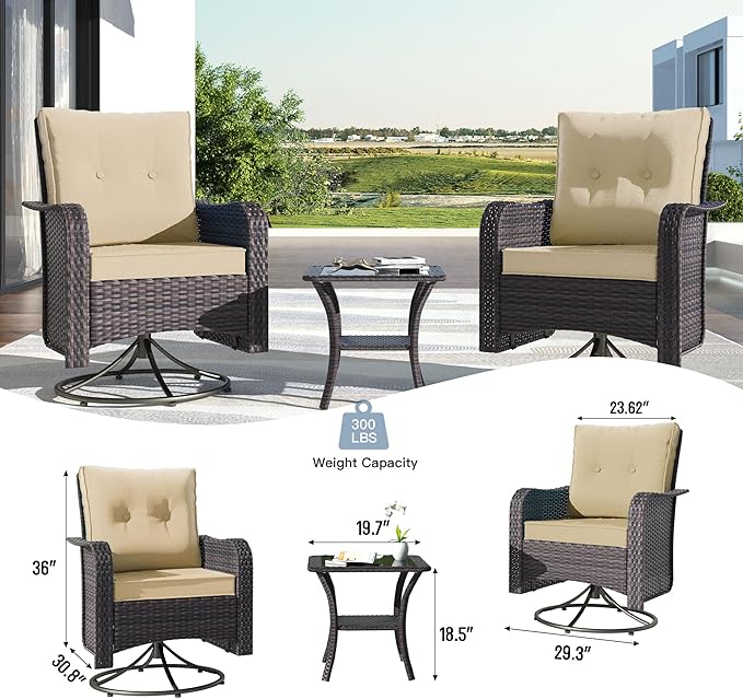 Kullavik 3 Pieces Patio Furniture Set,Outdoor Swivel Glider Rocking Chairs Set,Front Porch Furniture Patio Conversation Sets with Side Table for Balcony Deck Backyard,Sand