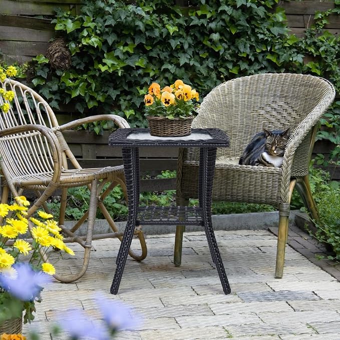 Wicker Rattan Side Table Patio Wicker Table, Outdoor Square Rattan Coffee Table End Table with Tempered Glass Top and Storage for Patio Porch Lawn (Black)