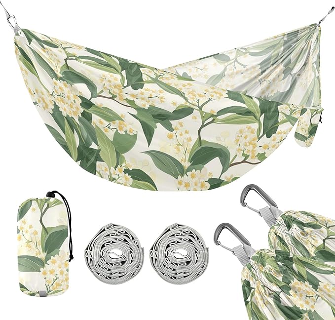 Camping Hammock Outdoor Hammocks for Outside Osmanthus Fragrans Flower Beach Trees Portable Lightweight with Pockets Tree Straps Indoor