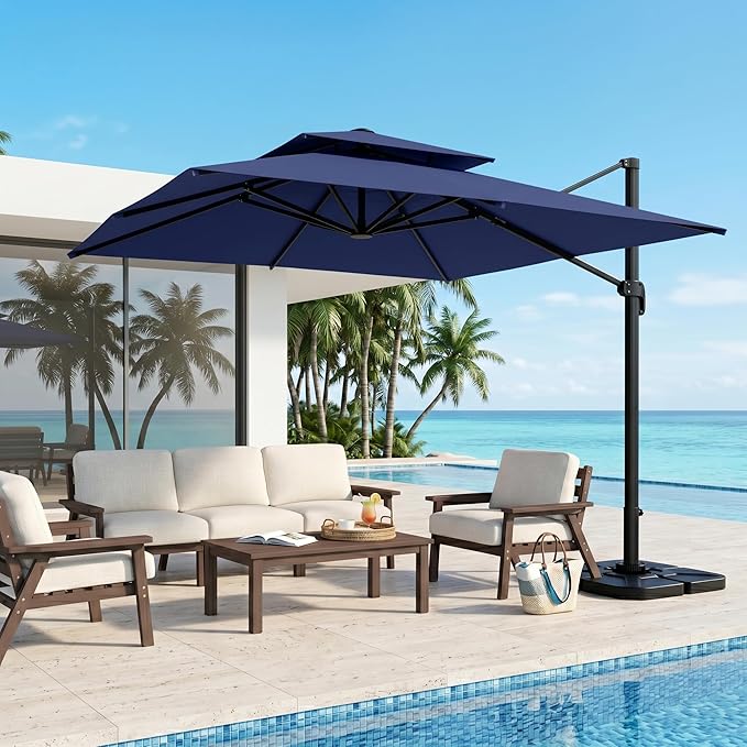 Kingdura Cantilever Patio Umbrella with Double Top Vent, Large Square Aluminum Outdoor Offset Umbrella with 360-degree Rotation, Infinite Tilt, UV Protection for Pool Deck Garden Patio