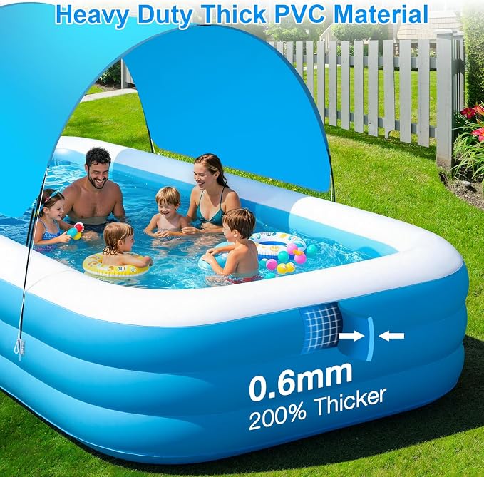 Extra Large Inflatable Pool with Canopy Pump, 145" x 74" x 22" Large Blow Up Pool for Adults Family, Full Size Inflatable Swimming Pool with Big Shade for Backyard Outdoor