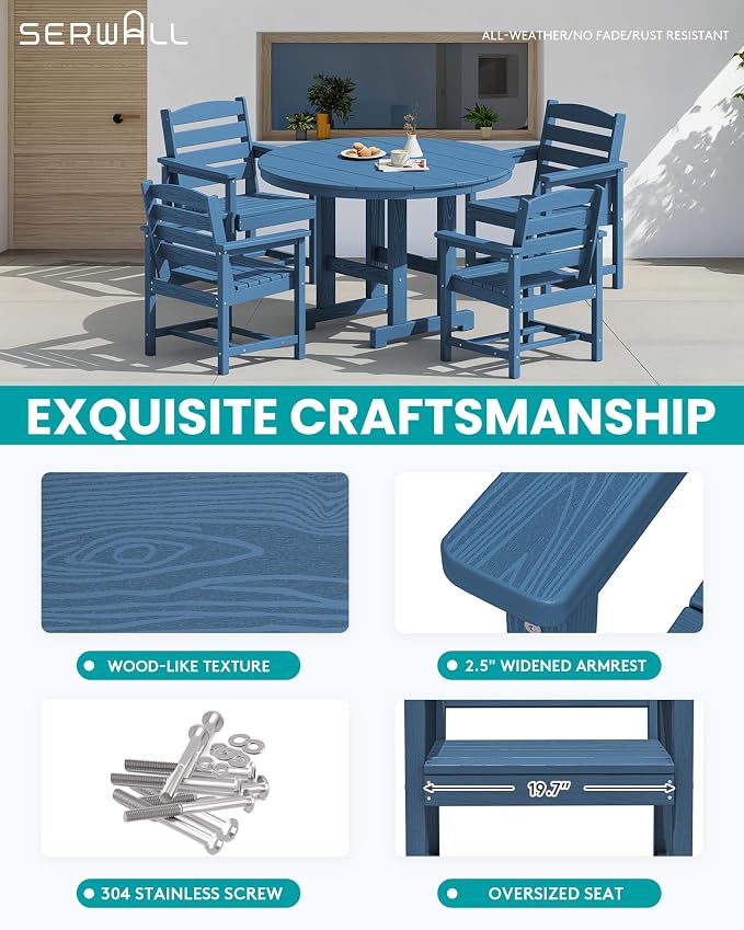 SERWALL 6-Piece Patio Dining Sets, HDPE Outdoor Table and Chairs Furniture Set with Umbrella, 45" Round Dining Table & 4 Dining Chairs & 1 9FT Umbrella, Navy(Not Include Umbrella Base)