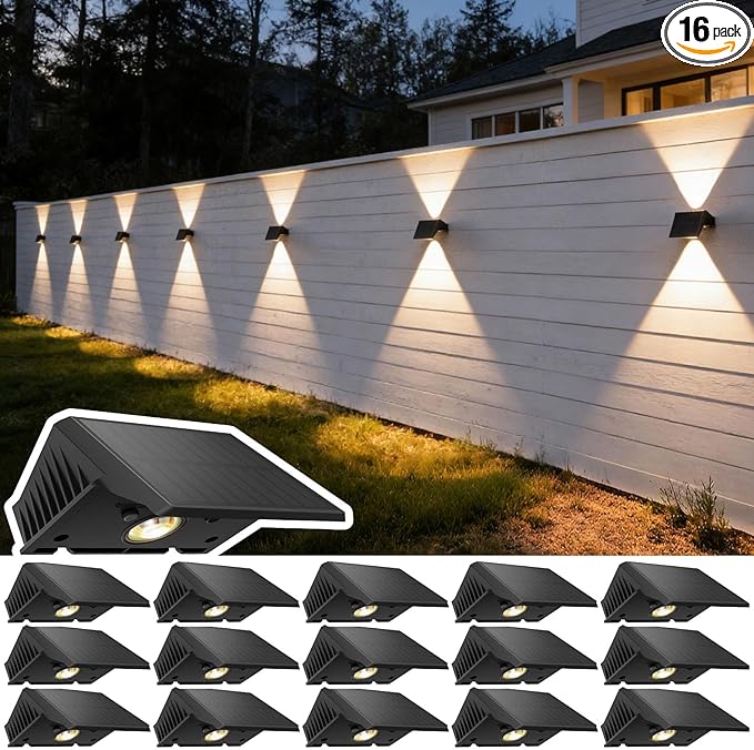 Solar Fence Lights Outdoor, 16 Pack Warm White Up and Down Solar Wall Lights, IP67 Waterproof LED Dusk to Dawn Solar Powered Fence Lights for Patio, Backyard, Deck, Garden, Yard, Outdoor Wall Decor