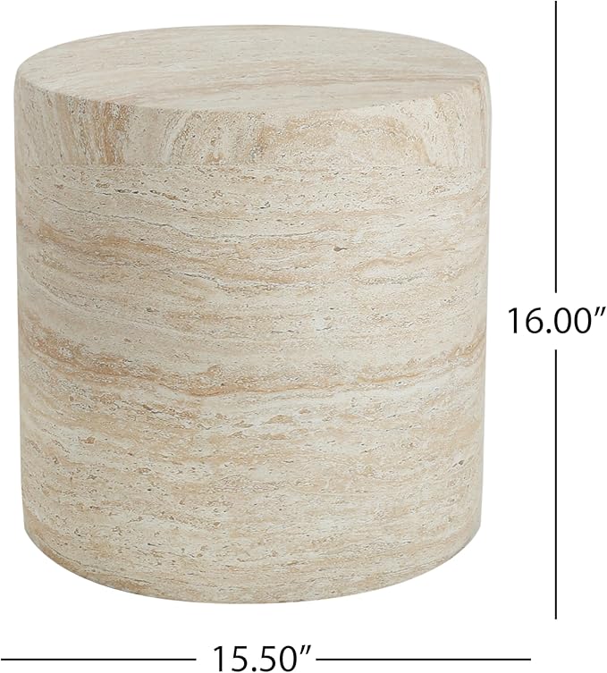 Outdoor Side Table Faux Marble End Table Travertine End Tables Concrete Side Tables Faux Stone Small Coffee Tables for Patio, Garden Stool Plant Stand for Porch Backyard, 15.5"*16" Cylindrical Beige