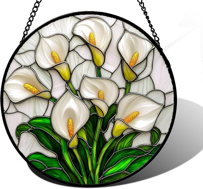 DASTOLL Stained Glass Window Hanging, White Calla Lily Suncatcher Diamond Glass Panel Hangings Flowers Sun Catchers Decor for Birthday for Women, Men, Wife, Aunt, and Mom 7.8 in