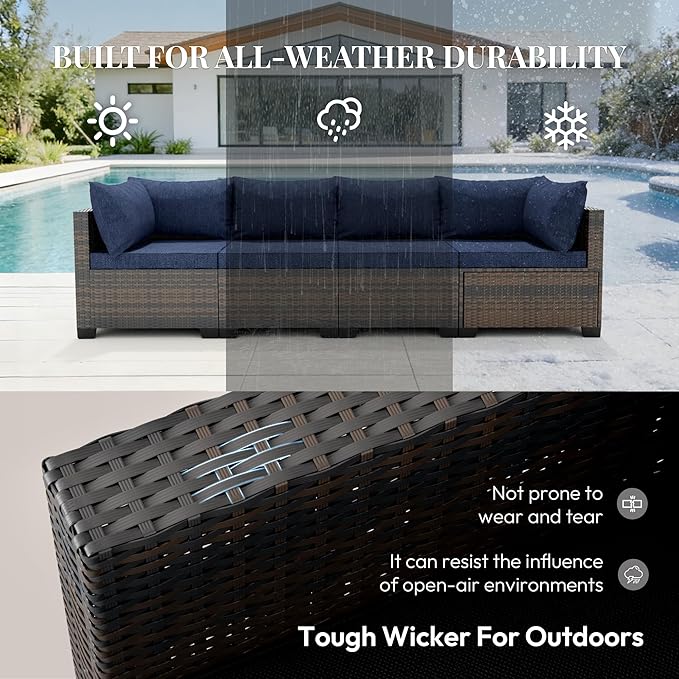 WWR Patio Furniture Set with 50000 BTU Propane Fire Pit Table 8 Piece, Wicker Outdoor Patio Conversation Set, Waterproof Rattan Patio Couch Set for Backyard, Deck & Garden, Black/Navy Blue