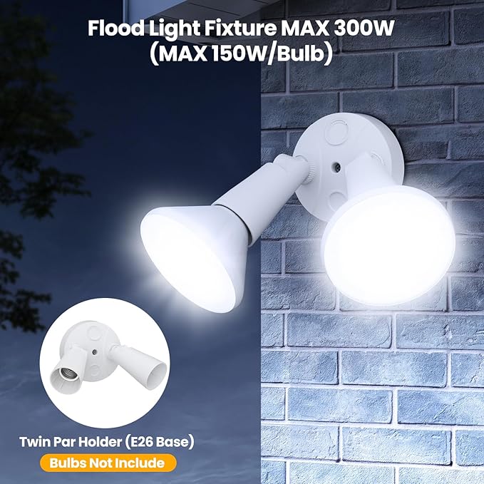 Onforu 2-Pack Adjustable Twin PAR Holder, Outdoor Flood Light Fixture Max 300W (Bulbs Not Included), Switch Controlled Security Lights, Exterior Flood Lighting for Garage, Driveway, Porch
