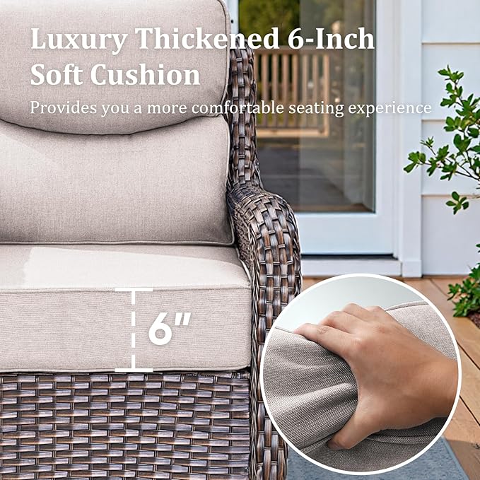 Luxury Patio Furniture Set with 42.5" Fire Pit Table, 6 Pieces High Back All Weather Wicker Outdoor Furniture w/ 6-Inch Thick Cushions, Patio Swivel Chairs Couch for Deck Balcony Backyard Brown/Beige