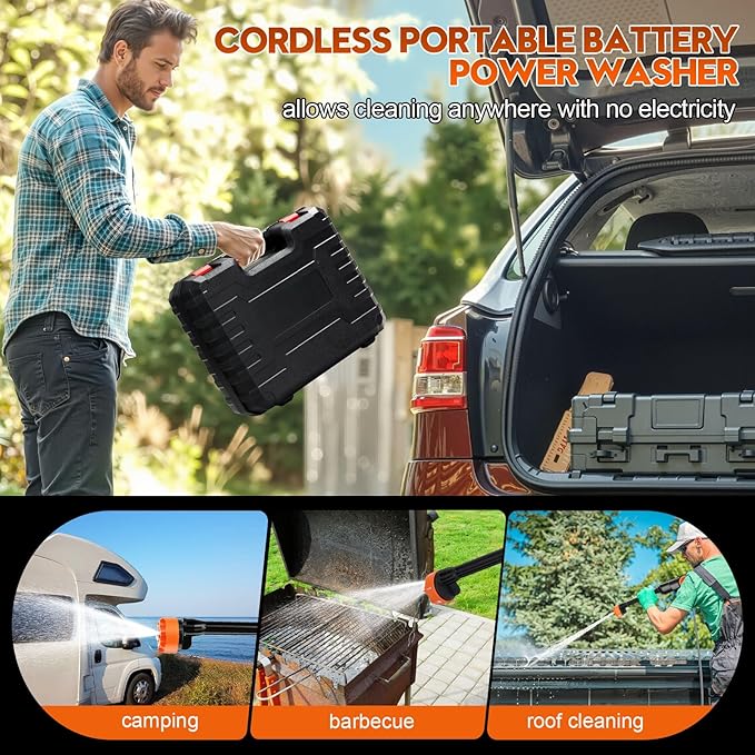 Cordless Handheld Washer Brushless Motor, 6000mAh Battery Operated Car Washer 6-in-1 Nozzle Foam Cannon, Lightweight Water Washer Home Cleaning Tool for Patio Boat Fence Driveway Floor Deck