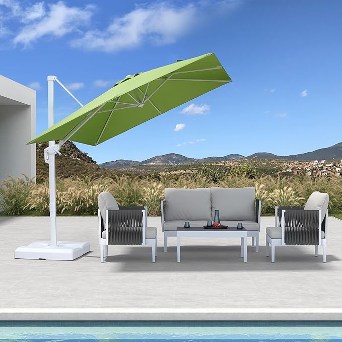 PURPLE LEAF 8 FT Patio Umbrella White Cantilever Umbrella Aluminum Square Outdoor Offset Umbrella Hanging Windproof with 360° Rotation for Garden Deck Pool, Green