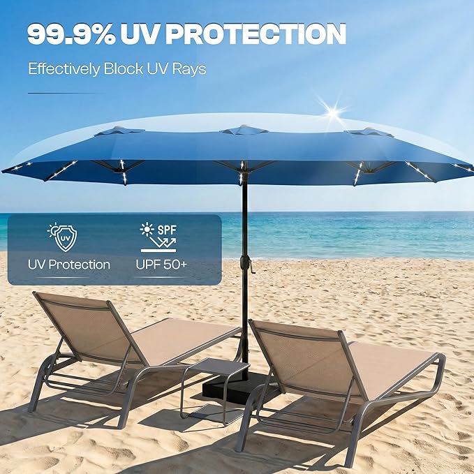 15FT Large Outdoor Patio Umbrella with Solar Lights and Base, Double-Sided Table Umbrellas with 48 LED Lights, Rectangle Market Umbrella for Pool, Deck, Backyard