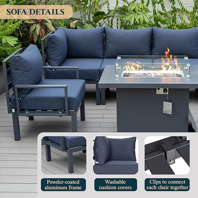 LeisureMod 7-Piece Outdoor Patio Conversation Set with Aluminum Sectional & Cushions, Propane Fire Pit Table with Black Stones, Wind Glass & Lid, Black
