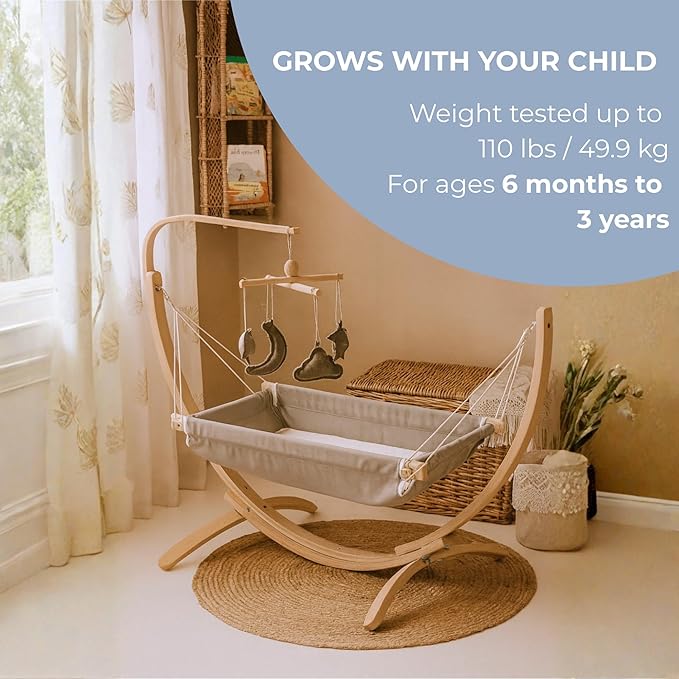 Kids Hammock Bed for Children Ages 3 to 5 Years, 15 to 36 kg Capacity, Comfortable Fabric with Wooden Frame, Portable and Easy to Assemble for Indoor and Outdoor Use (Grey-2)