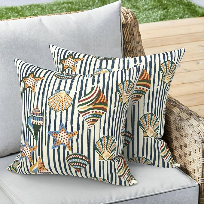 Outdoor 16x16 Inch Throw Pillow Covers Set of 2, Covers ONLY, All Weather Square Pillow Cases, Patio Cushion Pillow of Home Furniture Use, Crayon Shells