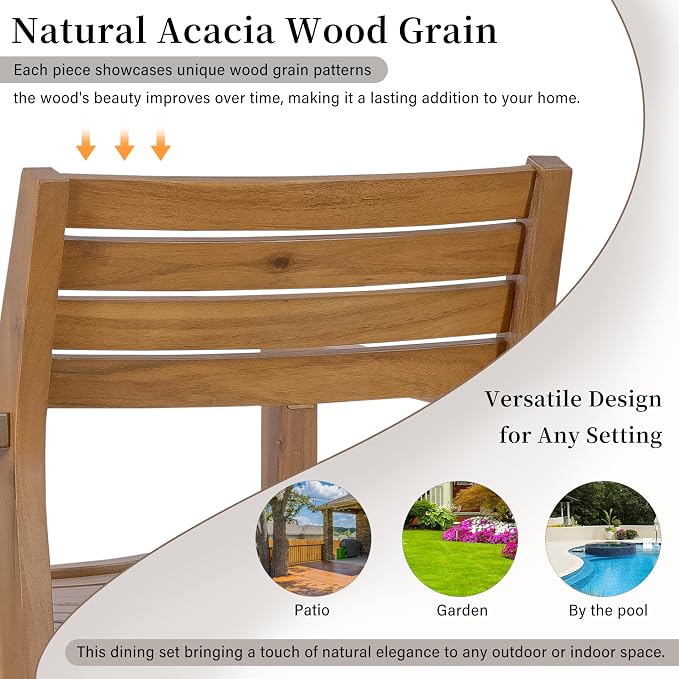 SOFTSEA 5-Piece Patio Dining Set, Acacia Wood Outdoor Table & Chairs, All-Weather Patio Round Dining Set for Garden, Deck, Poolside, Natural