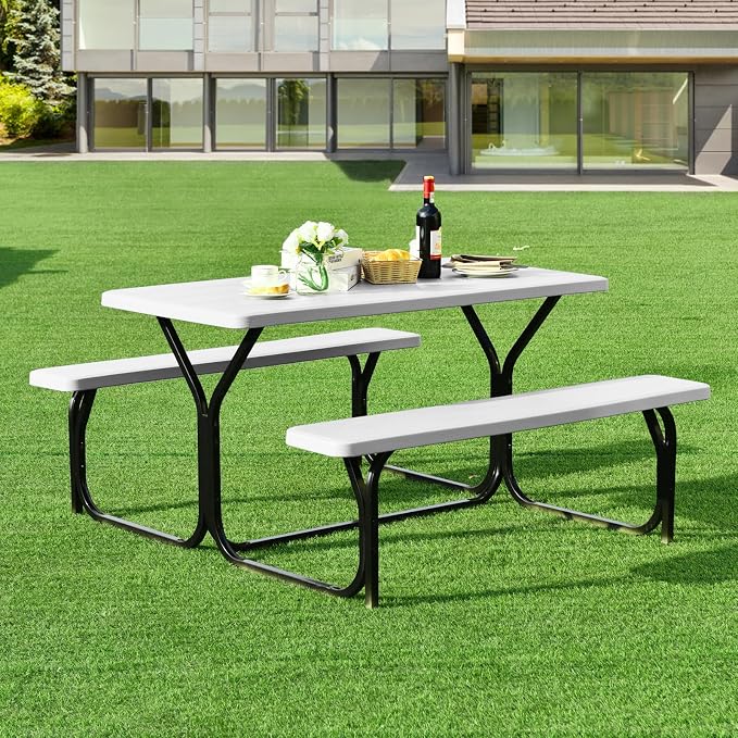 S AFSTAR Picnic Table Bench Set, 59” Expanded Rectangular Picnic Table, Outdoor Table and Bench W/Steel Frame & Wood-Like Texture Tabletop, Camping Table Chair Set for Garden Patio Lawn Deck (White)