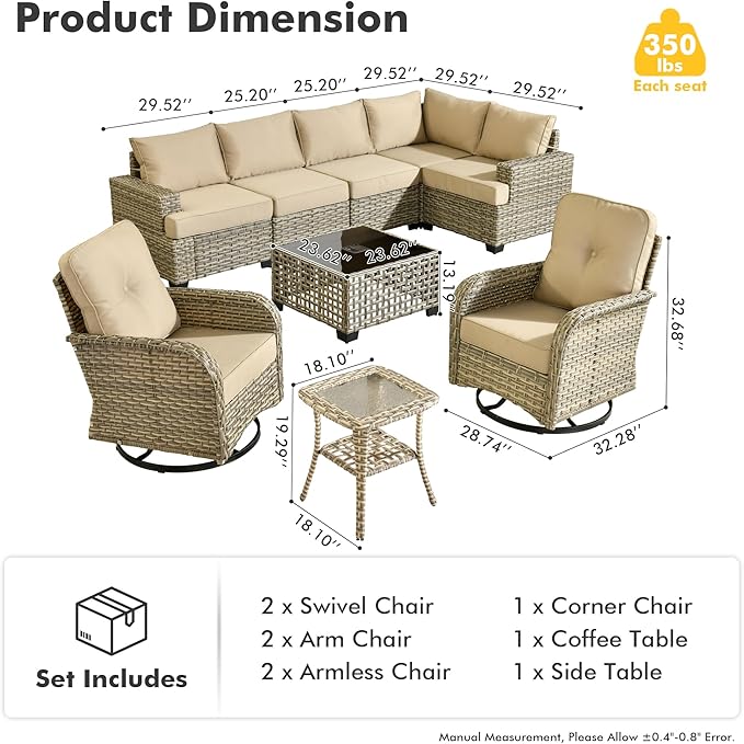 9 Piece Patio Furniture All Weather 7-Seater Outdoor Sectional Sofa with Patio Swivel Chairs and Solar Powered Coffee Table for Porch,Garden,Backyard,Deck(Tan)