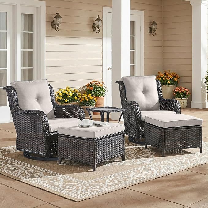 Outdoor Patio Furniture Set-5 Piece Outdoor Swivel Rocker Chairs with Ottomans Patio Furniture Set for Deck Balcony Poolside Backyard-Brown/Beige