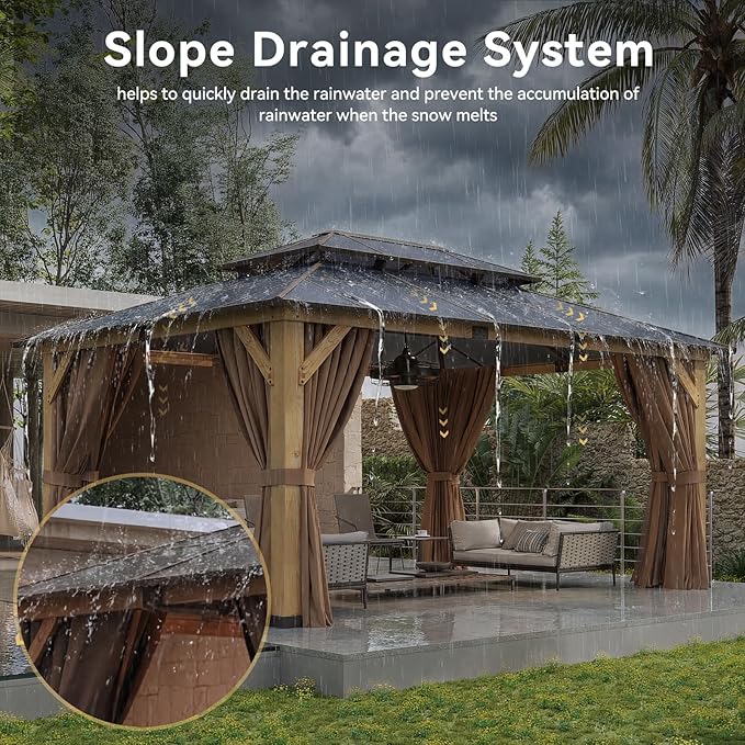 Aoxun 12' x 16' Outdoor Wood Gazebo with Double Polycarbonate Top, Hardtop Gazebo Permanent Wooden Pavilion with Breathable Netting and Privacy Curtain for Patio, Garden, Deck, Cedar Wood, Natural