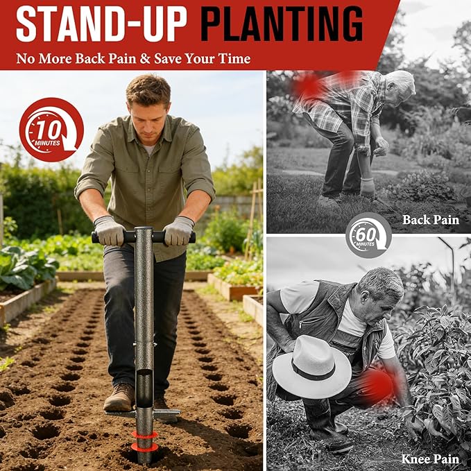 Bulb Planter Tool, 33.5" Long Handle Sod Plugger for Standing Planting, 2"/4"/6" Adjustable Depth Garden Hole Digger, Heavy Duty Auto Eject Lawn Plugger for Flower Bulbs,Grass Plugs,Seedlings