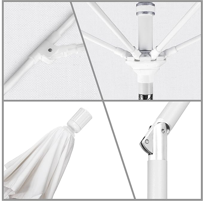 California Umbrella 11Ft Fiberglass Rib Patio Umbrella, Hand-Crank, Tilt-Collar, White Frame, Solution Dyed White Fabric