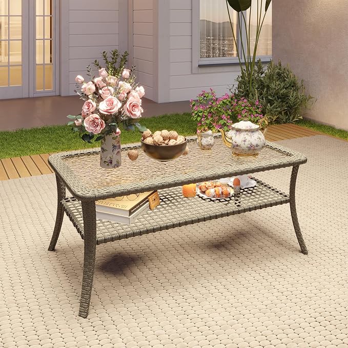 Aoxun Outdoor Coffee Table with Storage Wicker Patio Coffee Table, All-Weather Tempered Glass Top Coffee Table for Patio Furniture Set for Balcony, Garden, Deck, Backyard, Black
