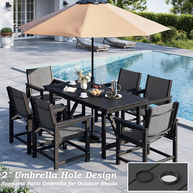 7 Pieces Outdoor Dining Sets HDPE Patio Dining Table and Chair Set for 6 | with Umbrella Hole;